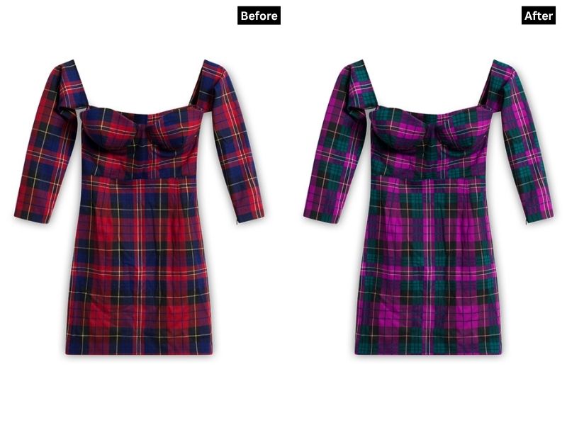 A "Before and After" comparison image of a women's plaid dress with long sleeves and a sweetheart neckline. The "Before" image shows the dress in a red and blue plaid pattern. The "After" image shows the same dress with the colors changed to purple and green plaid, demonstrating color correction