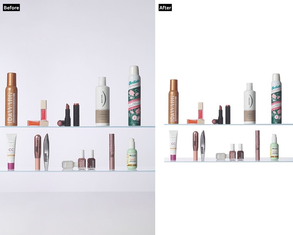 A "before and after" image of various beauty products displayed on two shelves. The "Before" shows them against a light grey background with reflections. The "After" displays the identical setup with a clean, pure white background, showcasing clipping path and background cleaning.