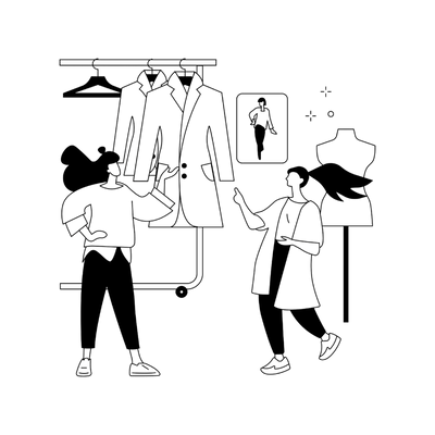 A black and white line art illustration against a dark green background, depicting two figures interacting with fashion elements. On the left, a person stands near a clothing rack with coats and hangers. On the right, another person gestures towards a fashion illustration on a wall and a dress form