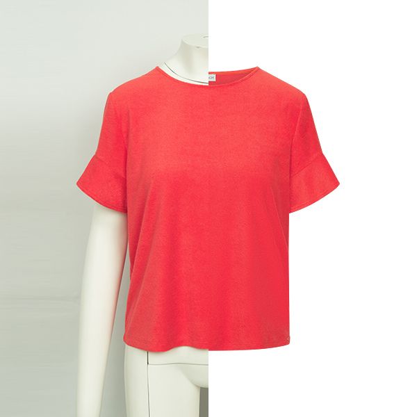 A side-by-side comparison of a red short-sleeved t-shirt. On the left, it's shown on a white mannequin. On the right, the same t-shirt is displayed using a ghost mannequin effect, creating a hollow, natural look