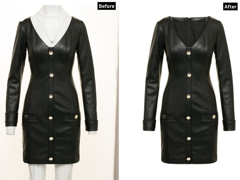 A "Before and After" comparison image demonstrating the ghost mannequin effect. The "Before" image shows a black faux leather long-sleeve dress with silver buttons on a white mannequin. The "After" image shows the same dress seamlessly edited to appear as if worn by an invisible model, with the mannequin removed and the interior of the neckline visible