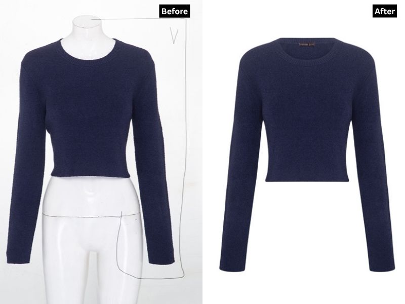 A "Before and After" comparison image demonstrating the ghost mannequin effect. The "Before" image shows a navy long-sleeve crop top on a white mannequin. The "After" image shows the same top seemingly floating, with the mannequin removed and the neck and bottom hem of the garment filled in to create a hollow, realistic shape