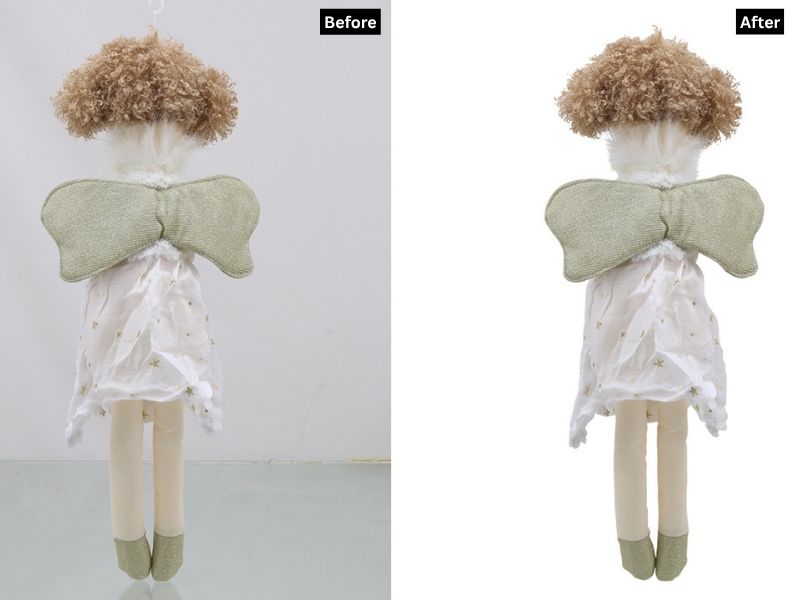 A "Before and After" comparison image of a whimsical doll with a fluffy brown "hair" top, a green bow, and a white, star-patterned dress. The "Before" image shows the doll against a light grey wall, while the "After" image shows the doll with a clean white background, demonstrating image masking