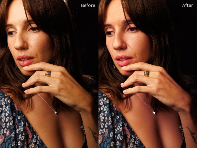 A "Before and After" comparison image of a woman with long, dark hair, wearing a patterned dress and a ring. The "Before" image shows her natural skin tone and texture, while the "After" image displays retouched and smoother skin