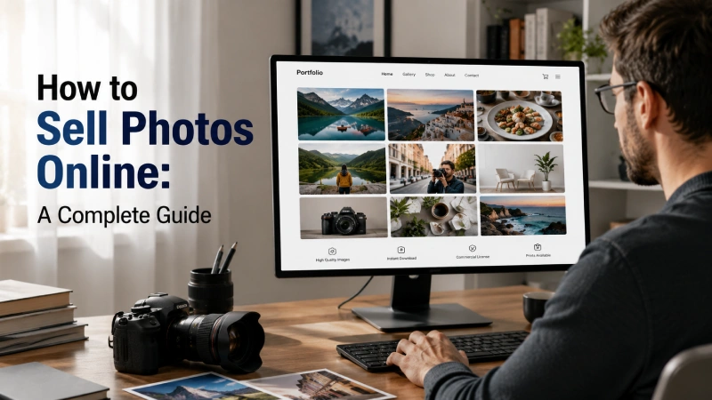 Photographer managing an online portfolio at his desk to sell photos online.